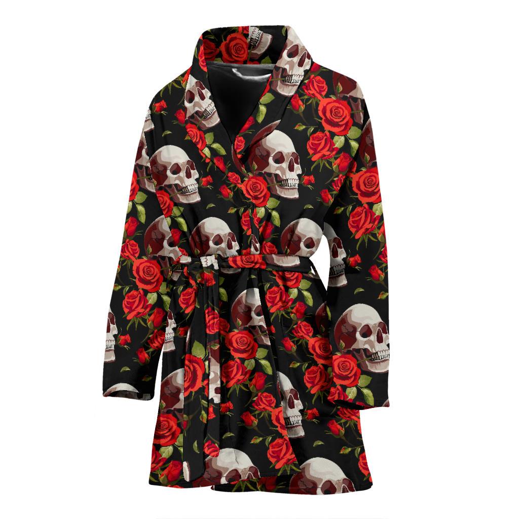 Red Rose Skull Design Print Women Bath Robe-JTAMIGO.COM