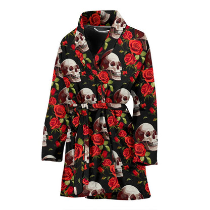 Red Rose Skull Design Print Women Bath Robe-JTAMIGO.COM