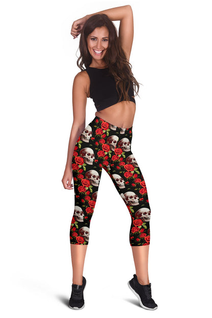 Red Rose Skull Design Print Women Capris
