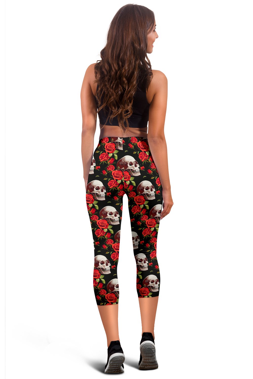 Red Rose Skull Design Print Women Capris