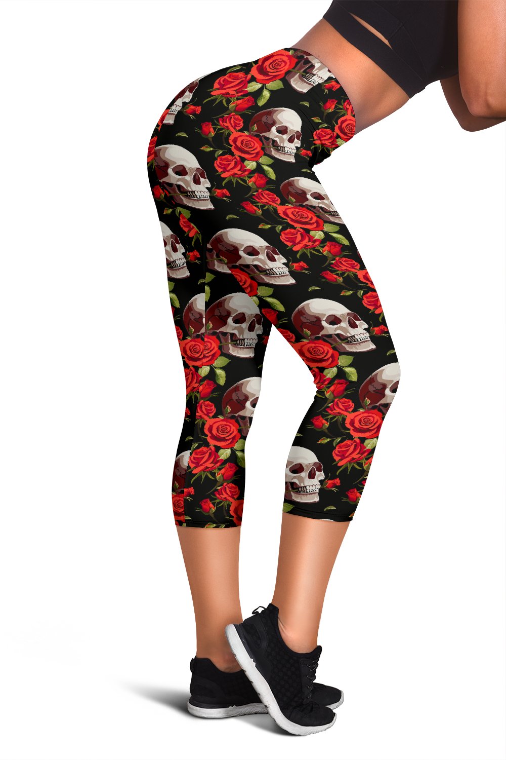 Red Rose Skull Design Print Women Capris