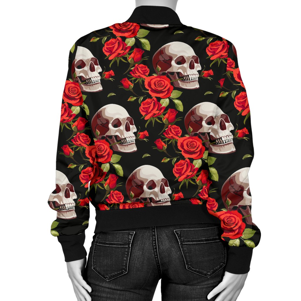 Red Rose Skull Design Print Women Casual Bomber Jacket