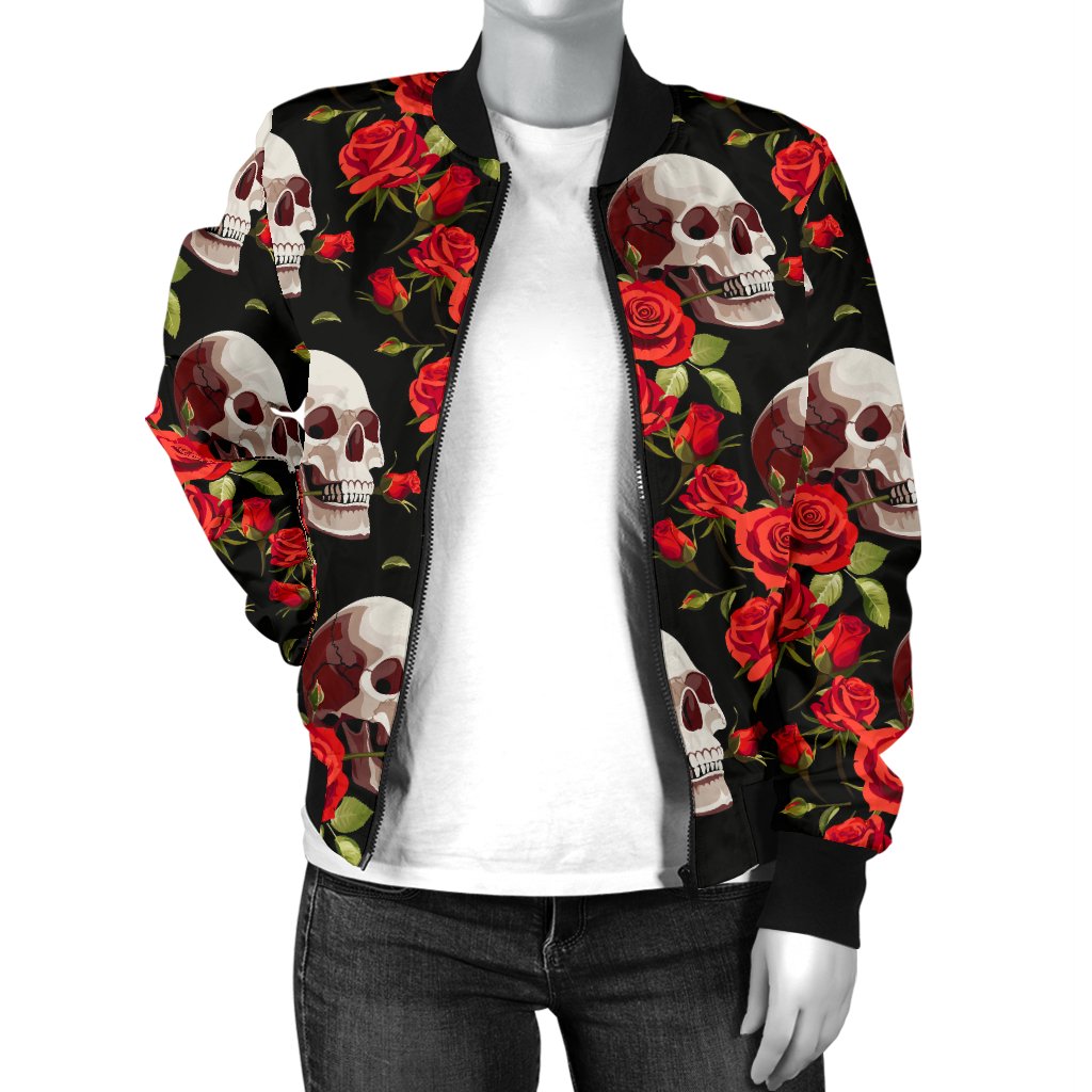 Red Rose Skull Design Print Women Casual Bomber Jacket