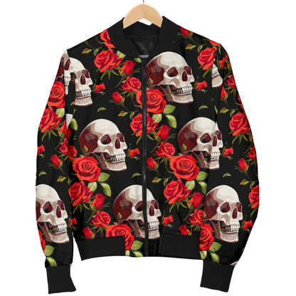 Red Rose Skull Design Print Women Casual Bomber Jacket