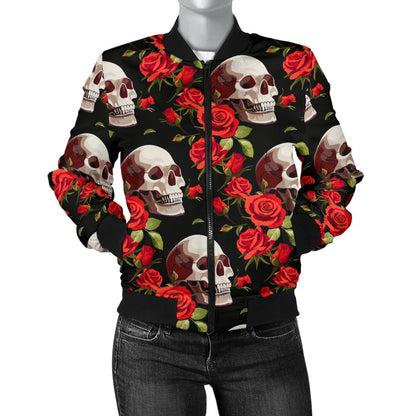 Red Rose Skull Design Print Women Casual Bomber Jacket