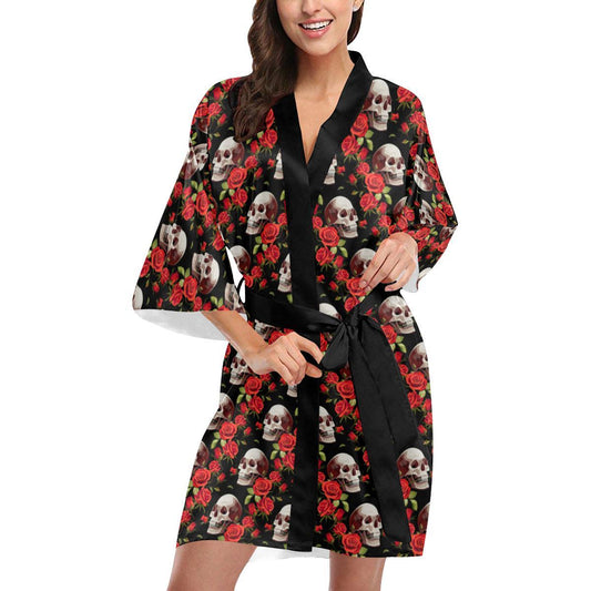 Red Rose Skull Design Print Women Short Kimono Robe