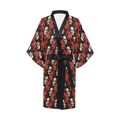 Red Rose Skull Design Print Women Short Kimono Robe