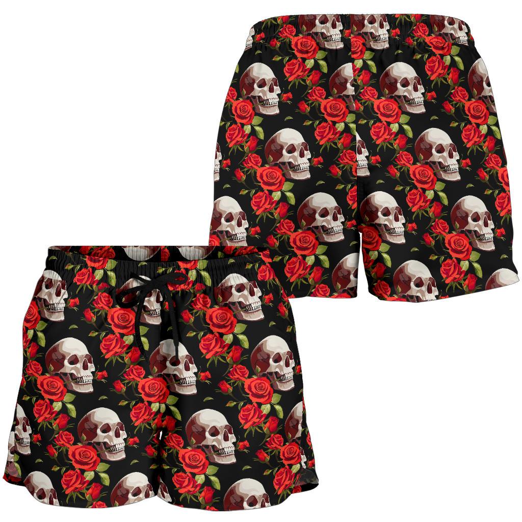 Red Rose Skull Design Print Women Shorts-JTAMIGO.COM