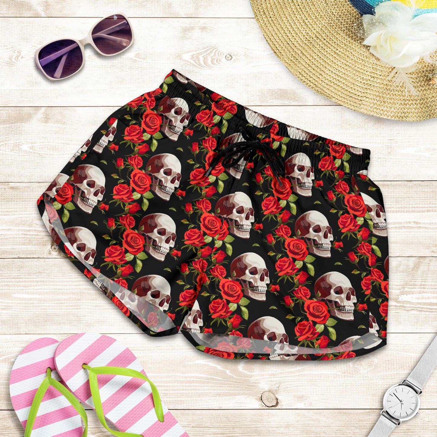 Red Rose Skull Design Print Women Shorts-JTAMIGO.COM