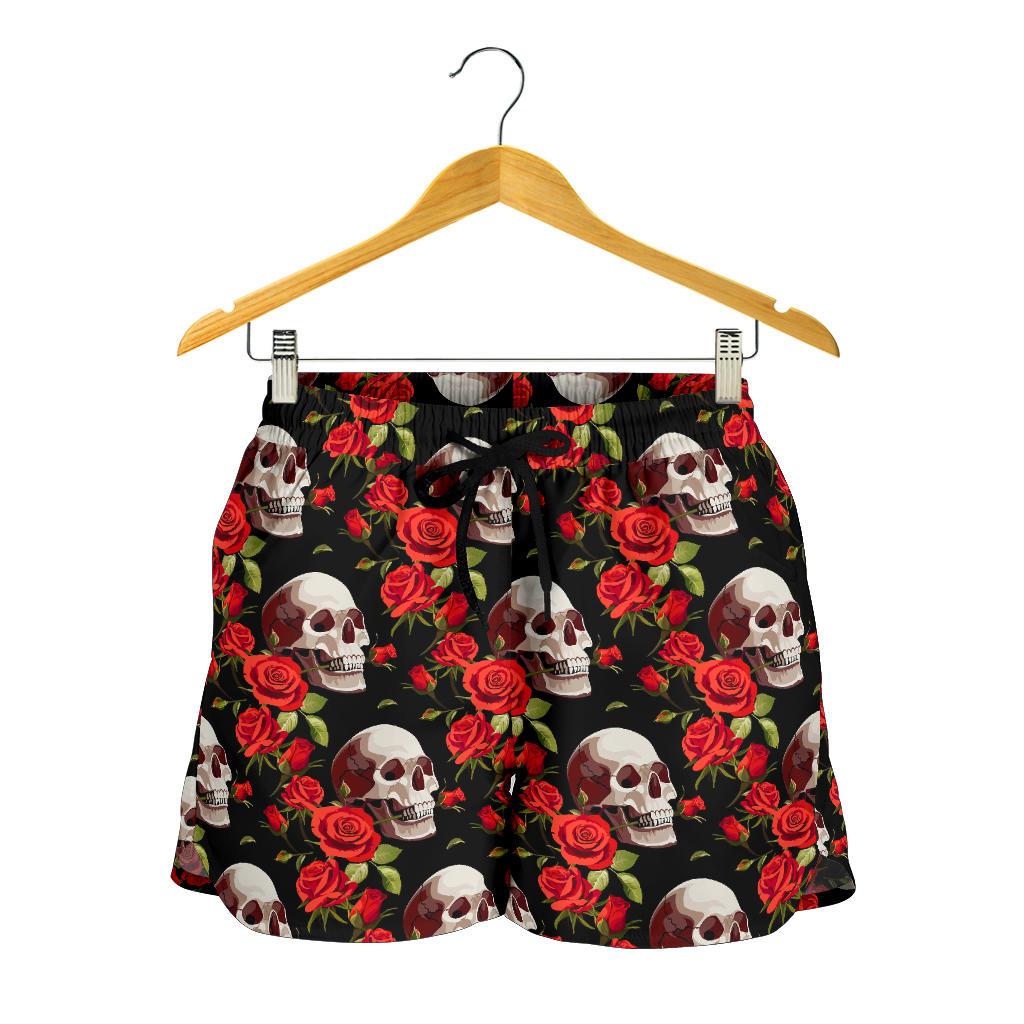 Red Rose Skull Design Print Women Shorts-JTAMIGO.COM