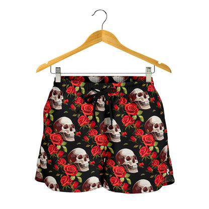 Red Rose Skull Design Print Women Shorts-JTAMIGO.COM