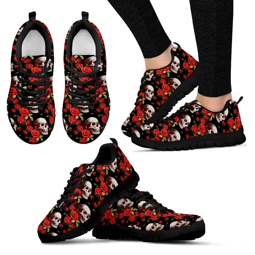 Red Rose Skull Design Print Women Sneakers Shoes