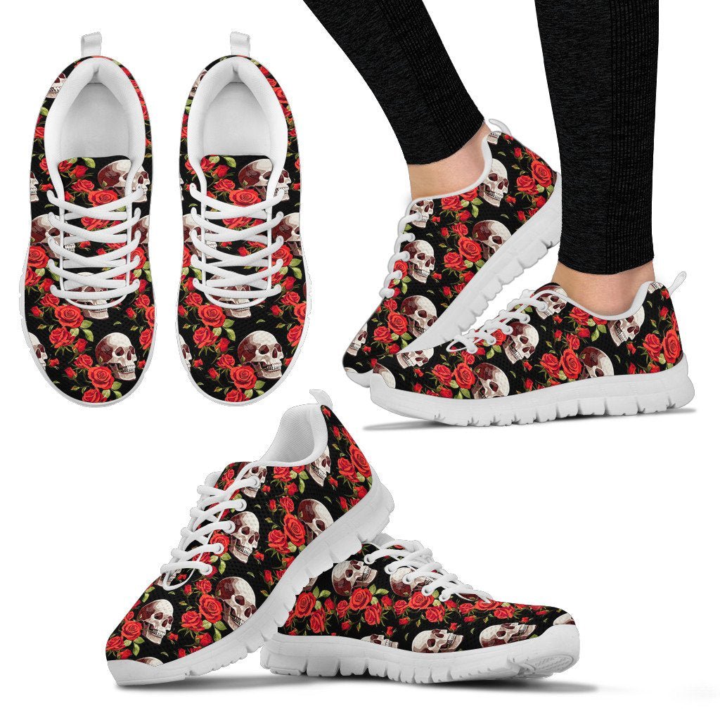 Red Rose Skull Design Print Women Sneakers Shoes