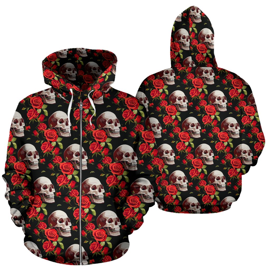 Red Rose Skull Design Print Zip Up Hoodie
