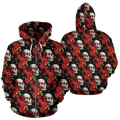 Red Rose Skull Design Print Zip Up Hoodie