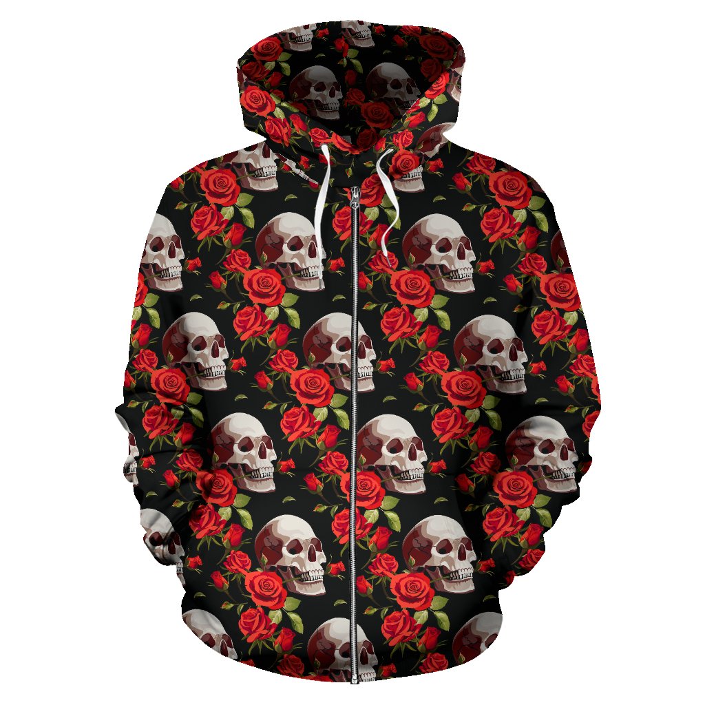 Red Rose Skull Design Print Zip Up Hoodie