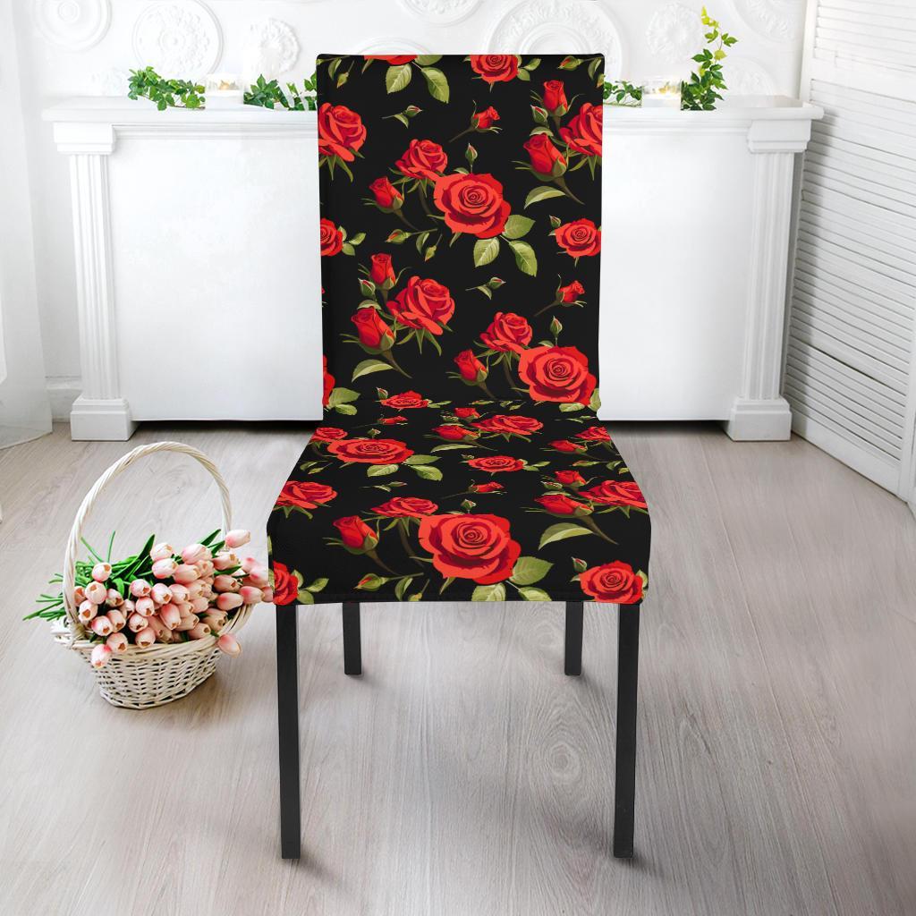 Red Rose Themed Print Dining Chair Slipcover-JTAMIGO.COM
