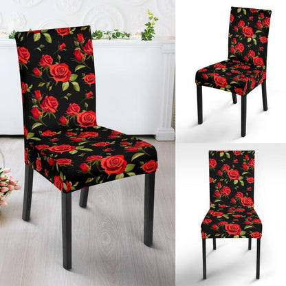 Red Rose Themed Print Dining Chair Slipcover-JTAMIGO.COM