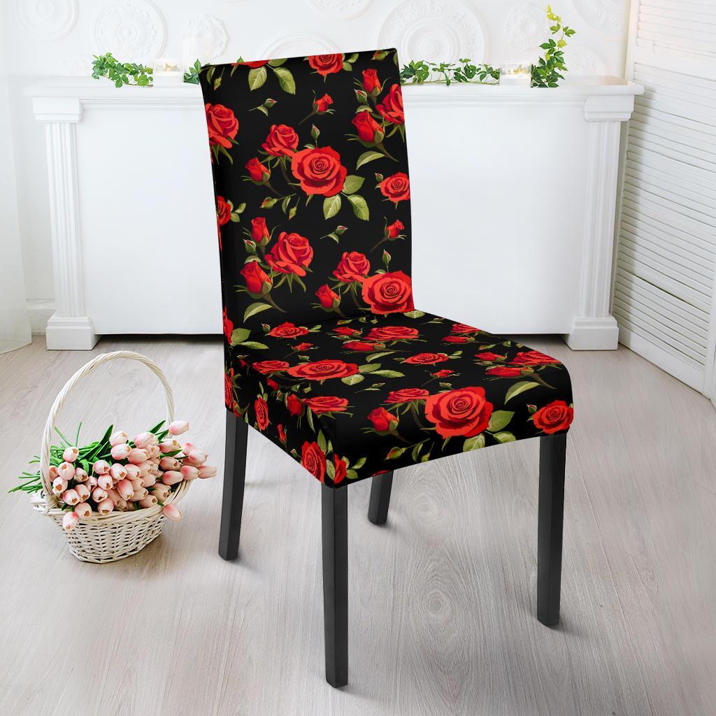 Red Rose Themed Print Dining Chair Slipcover-JTAMIGO.COM
