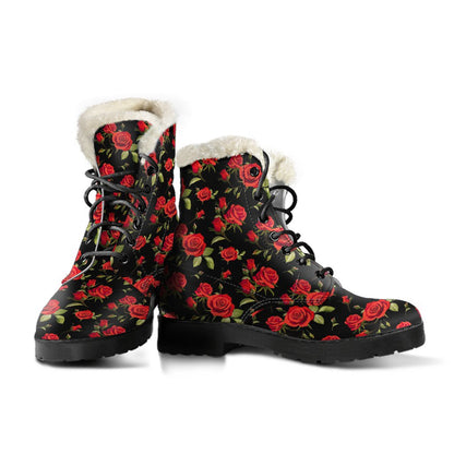 Red Rose Themed Print Faux Fur Leather Boots-JTAMIGO.COM
