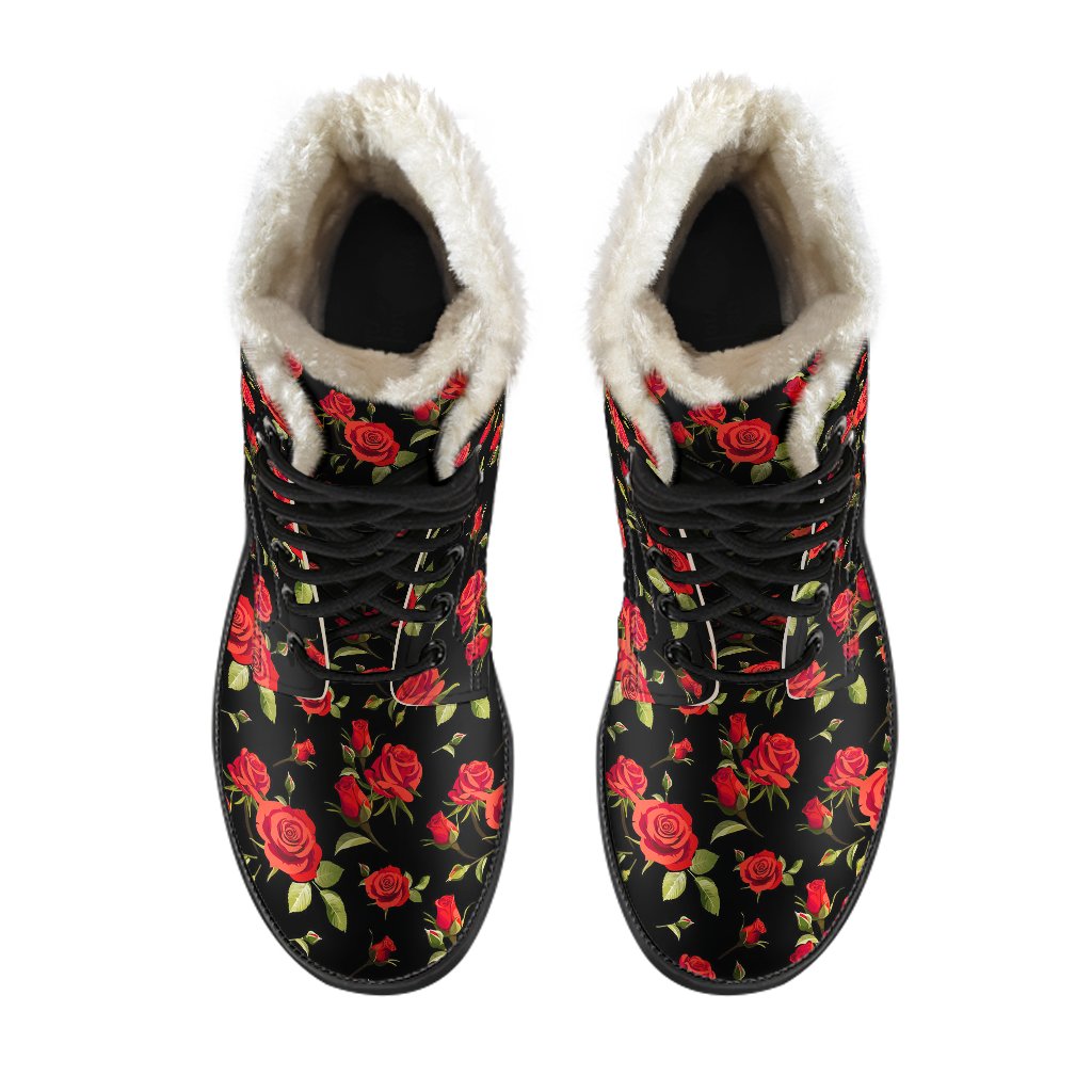 Red Rose Themed Print Faux Fur Leather Boots-JTAMIGO.COM