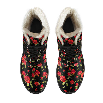 Red Rose Themed Print Faux Fur Leather Boots-JTAMIGO.COM