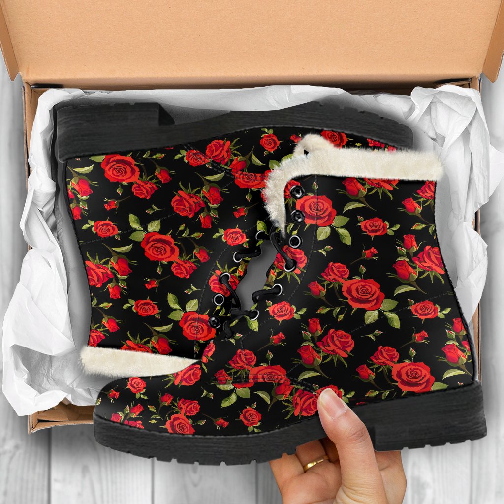 Red Rose Themed Print Faux Fur Leather Boots-JTAMIGO.COM