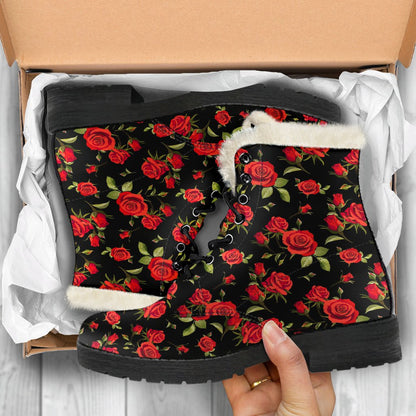 Red Rose Themed Print Faux Fur Leather Boots-JTAMIGO.COM