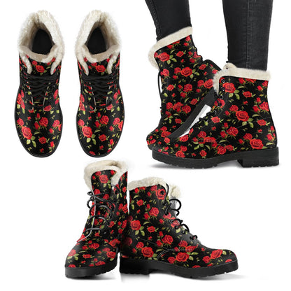 Red Rose Themed Print Faux Fur Leather Boots-JTAMIGO.COM
