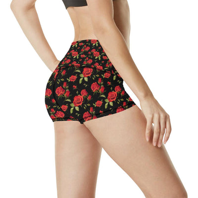 Red Rose Themed Print High Waisted Spandex Shorts-JTAMIGO.COM