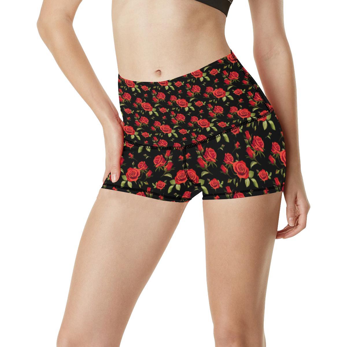 Red Rose Themed Print High Waisted Spandex Shorts-JTAMIGO.COM