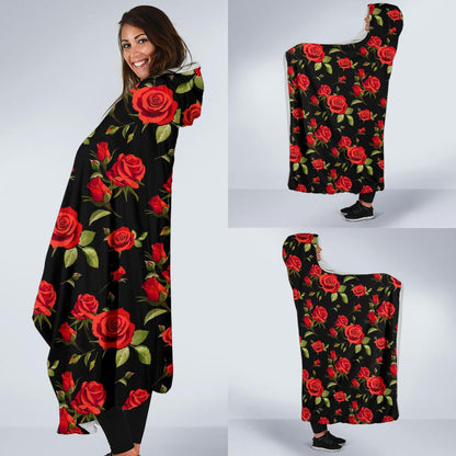 Red Rose Themed Print Hooded Blanket-JTAMIGO.COM