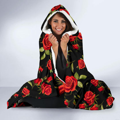 Red Rose Themed Print Hooded Blanket-JTAMIGO.COM