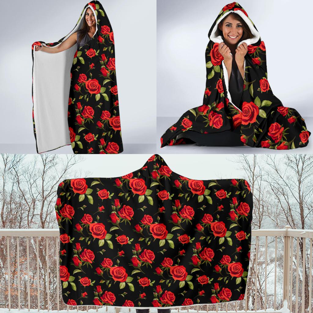Red Rose Themed Print Hooded Blanket-JTAMIGO.COM