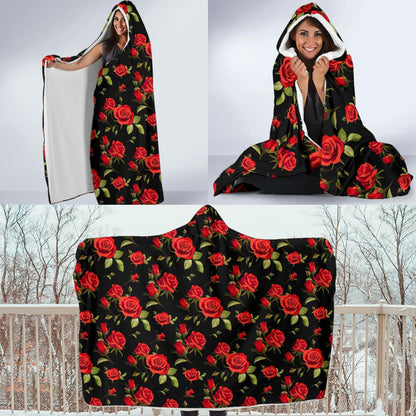 Red Rose Themed Print Hooded Blanket-JTAMIGO.COM
