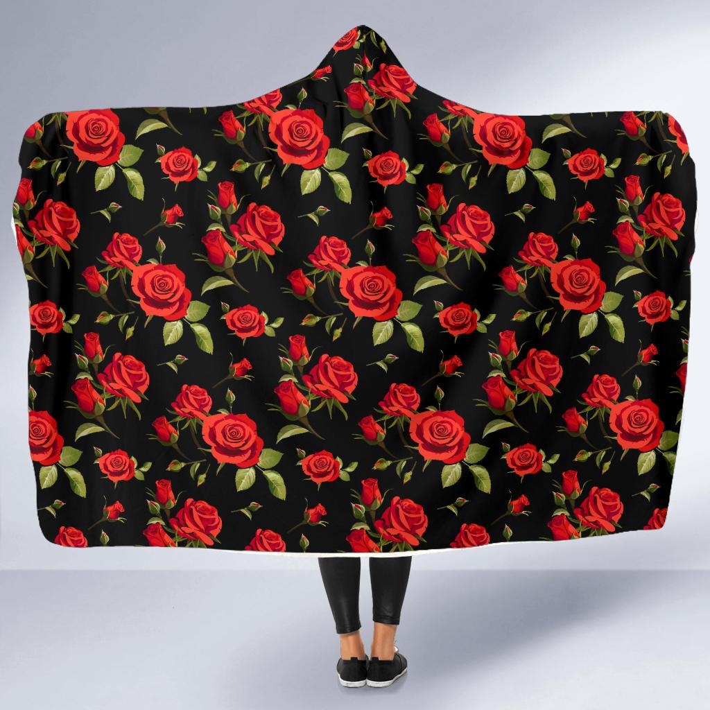 Red Rose Themed Print Hooded Blanket-JTAMIGO.COM