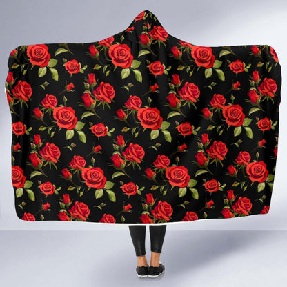Red Rose Themed Print Hooded Blanket-JTAMIGO.COM