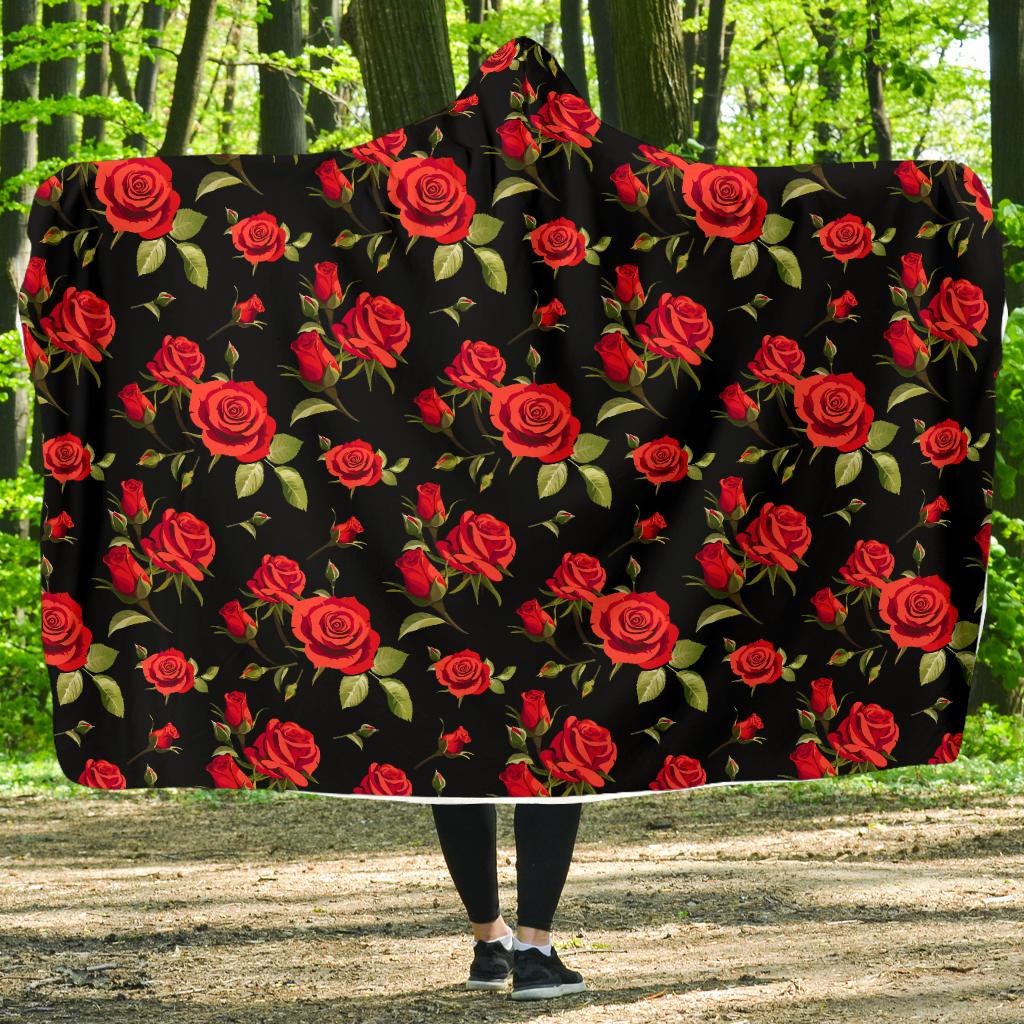 Red Rose Themed Print Hooded Blanket-JTAMIGO.COM