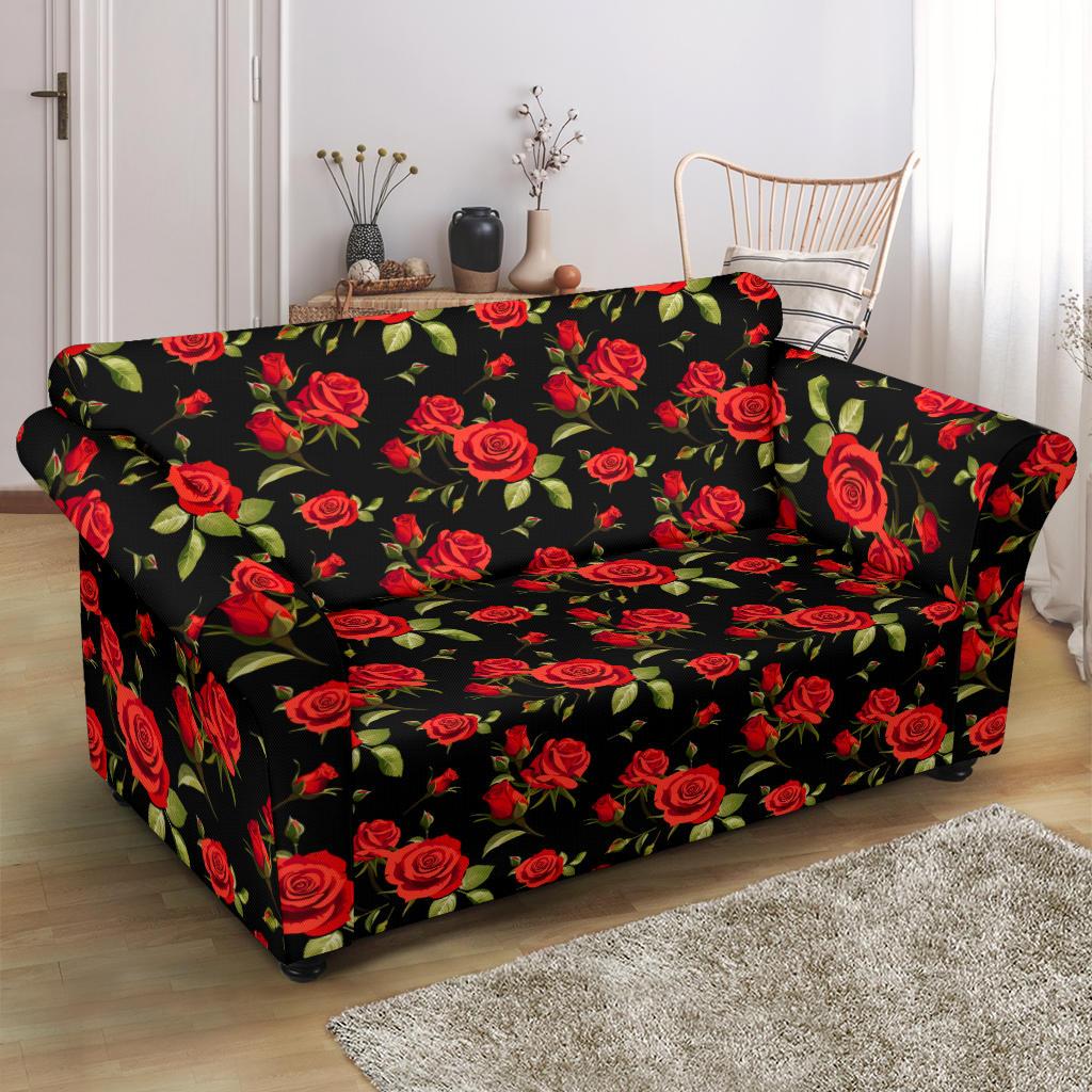 Red Rose Themed Print Loveseat Slipcover-JTAMIGO.COM
