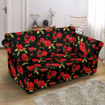 Red Rose Themed Print Loveseat Slipcover-JTAMIGO.COM