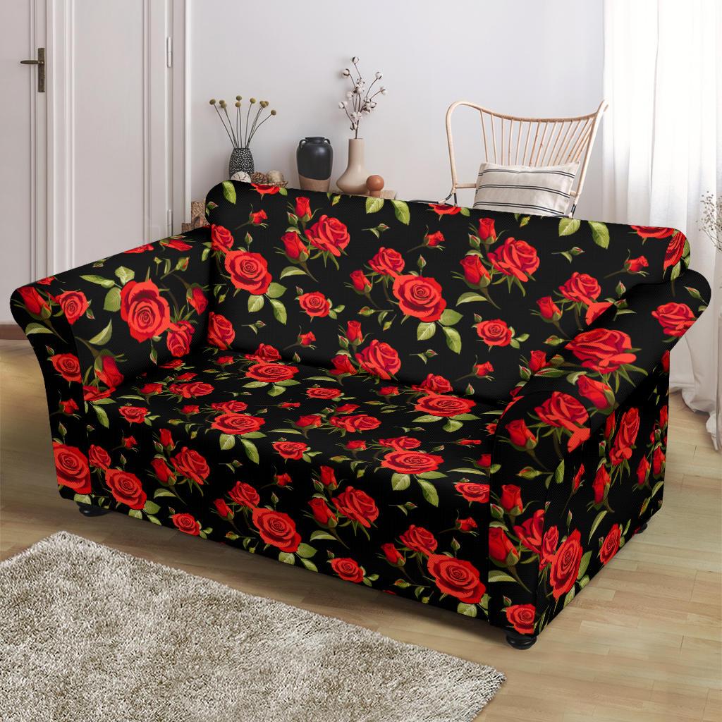 Red Rose Themed Print Loveseat Slipcover-JTAMIGO.COM