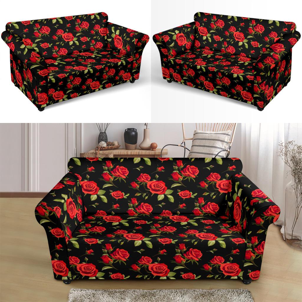 Red Rose Themed Print Loveseat Slipcover-JTAMIGO.COM