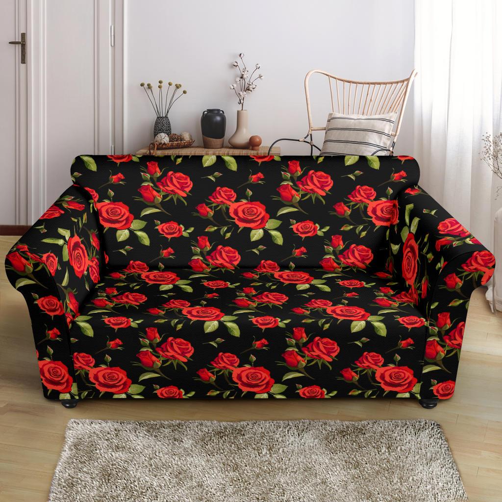 Red Rose Themed Print Loveseat Slipcover-JTAMIGO.COM