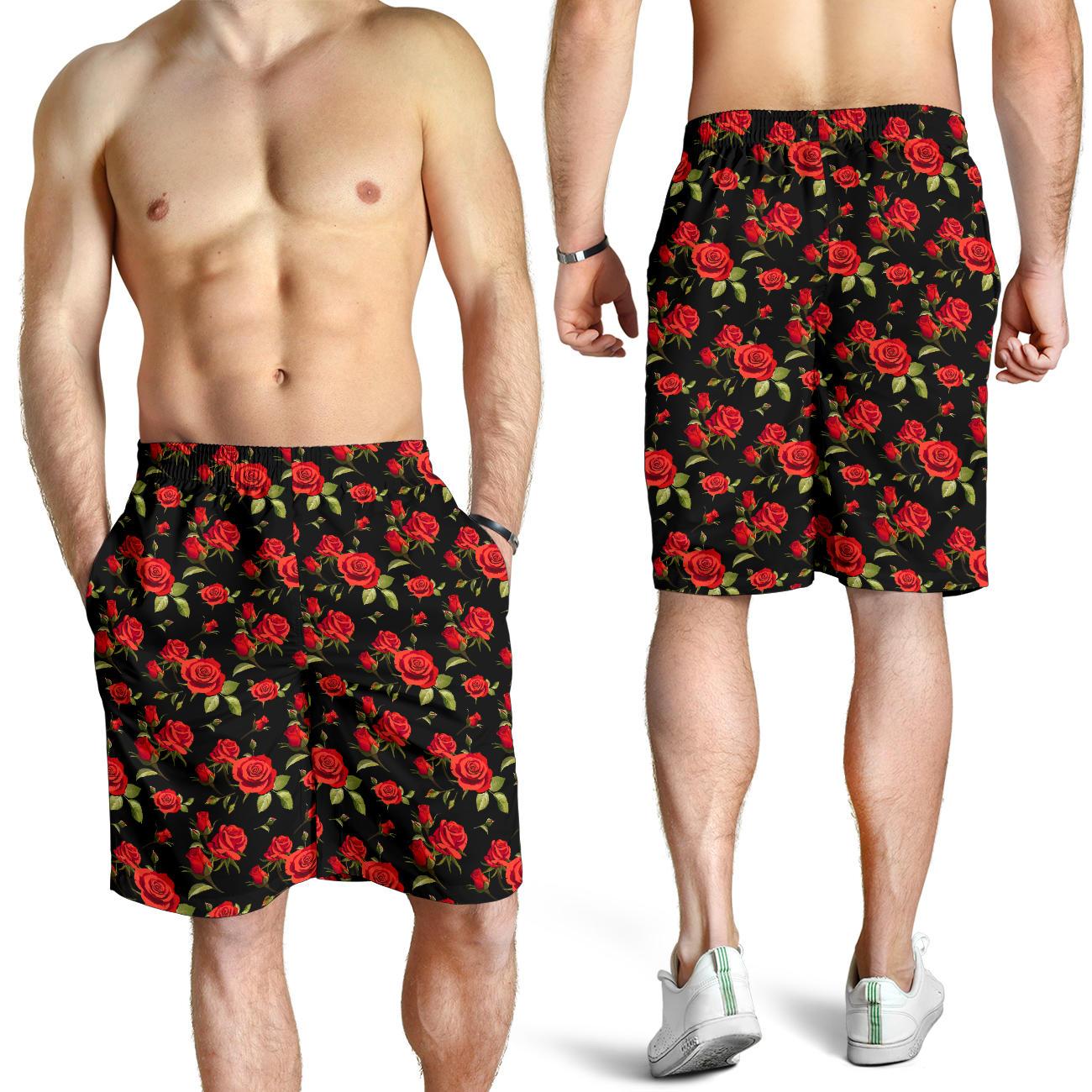 Red Rose Themed Print Mens Shorts-JTAMIGO.COM