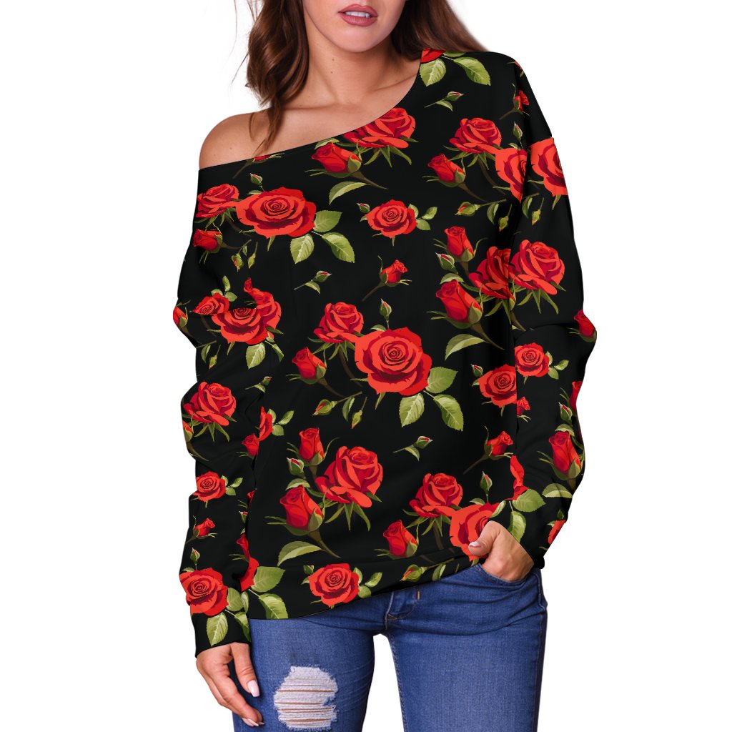 Red Rose Themed Print Off Shoulder Sweatshirt
