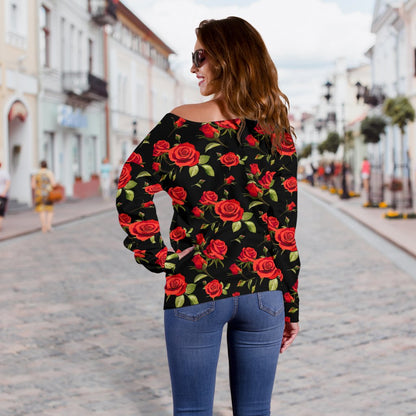 Red Rose Themed Print Off Shoulder Sweatshirt
