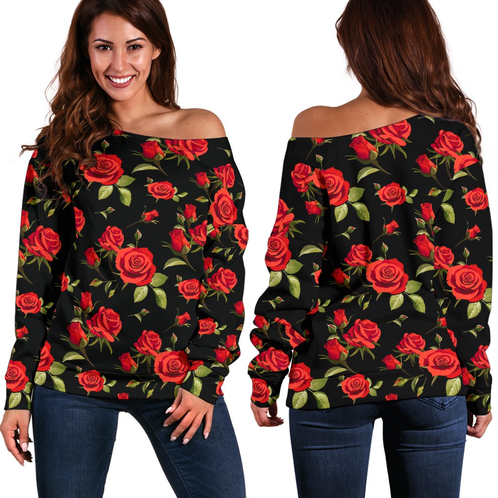 Red Rose Themed Print Off Shoulder Sweatshirt
