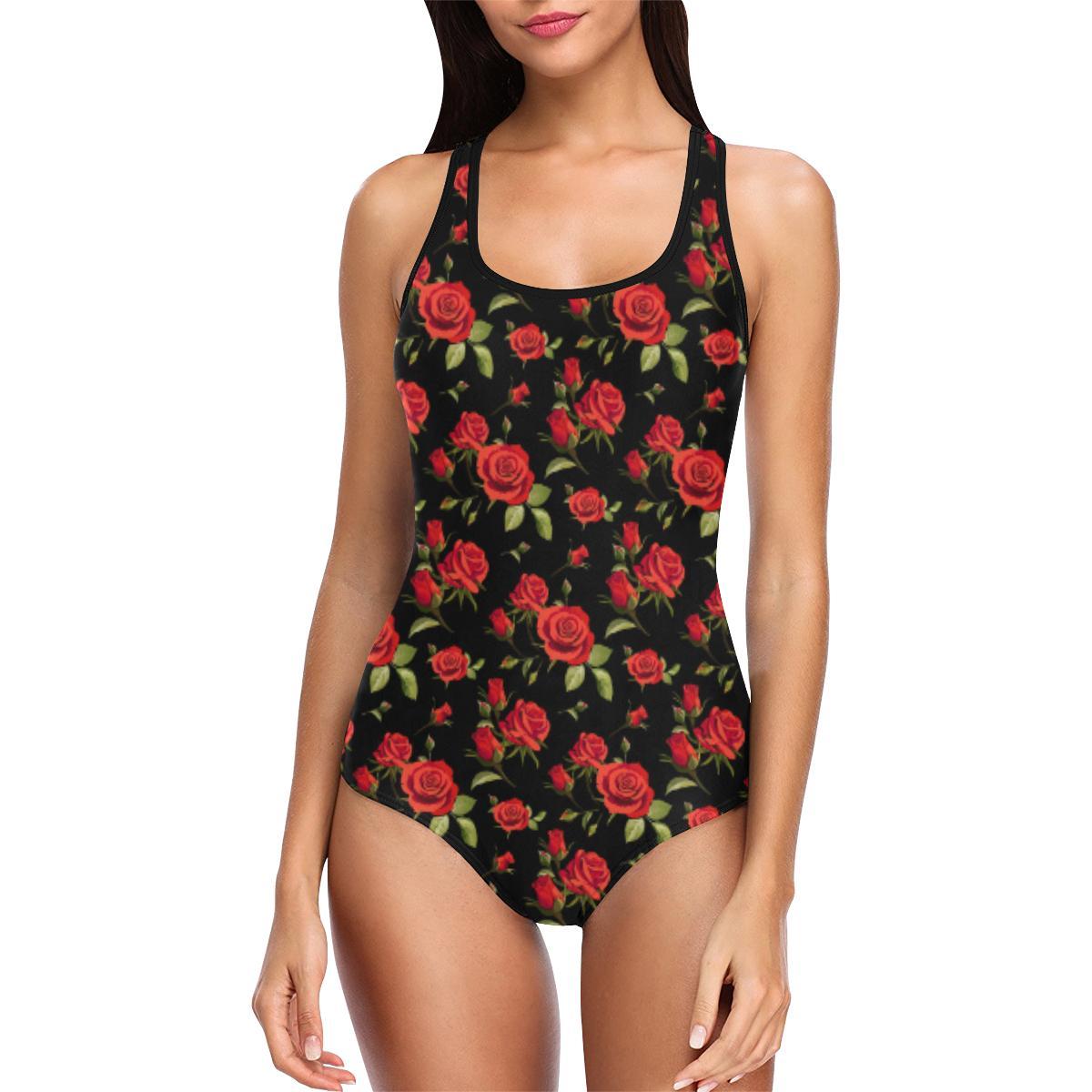 Red Rose Themed Print One Piece Swimsuit-JTAMIGO.COM