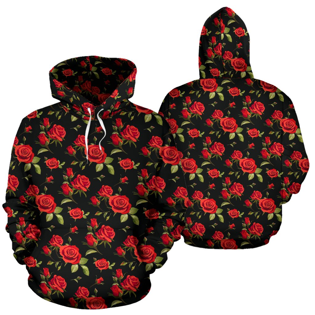 Red Rose Themed Print Pullover Hoodie