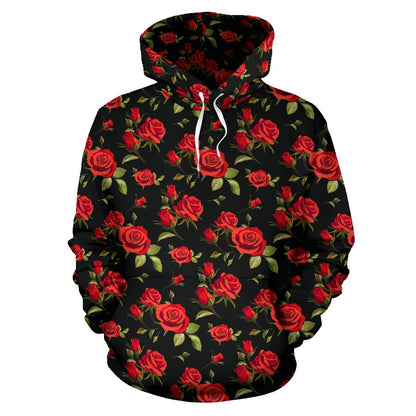 Red Rose Themed Print Pullover Hoodie